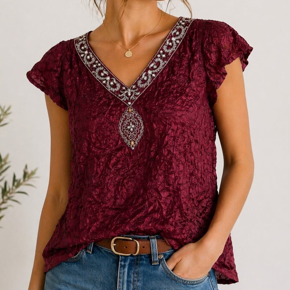 Venezia Burgundy Embroidered Flutter Sleeve Top